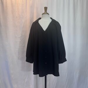 Black Button-Front V-Neck Blouse